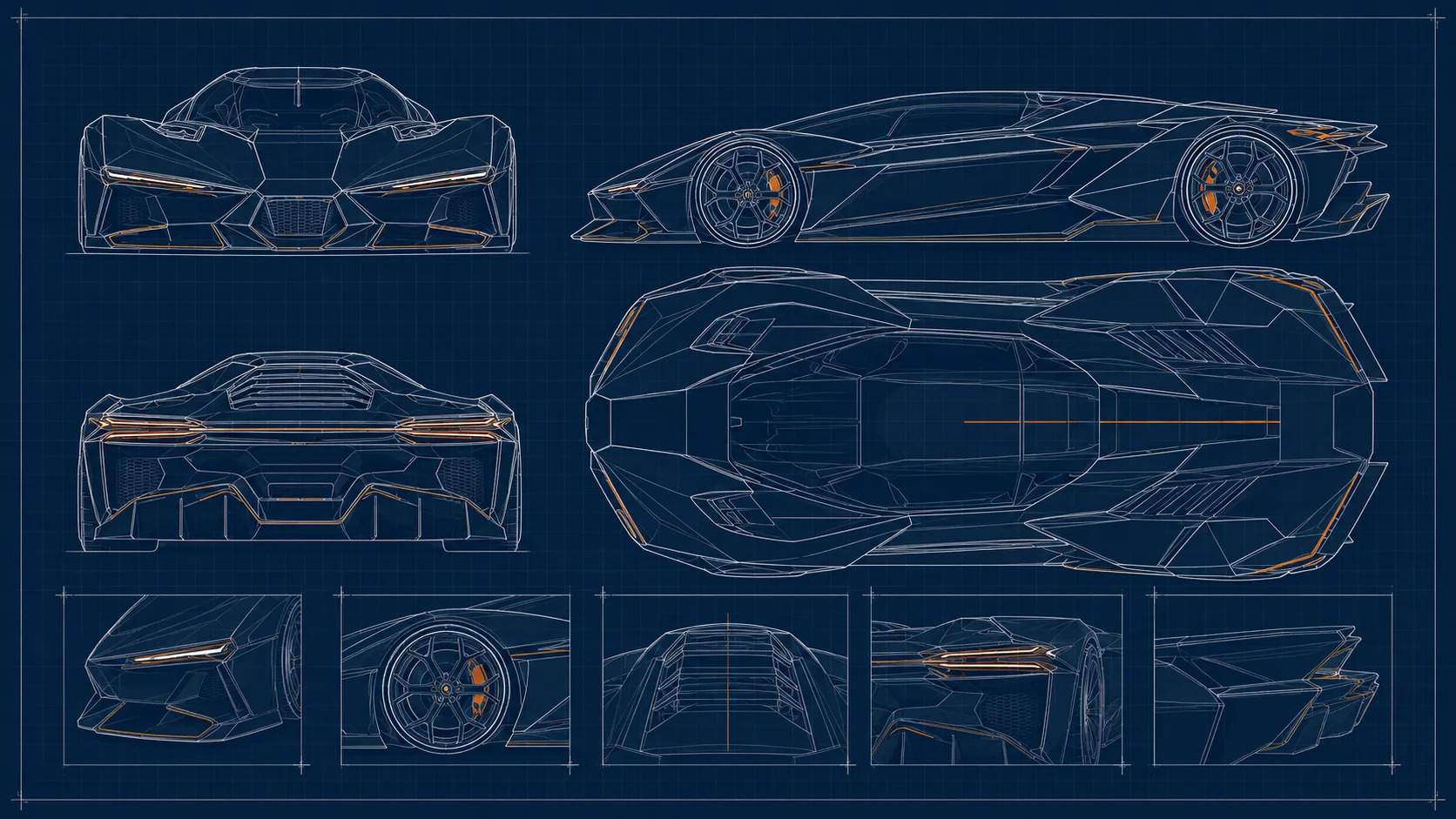 VX-1 engineering blueprint, all elevations