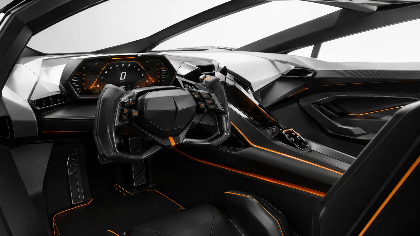VX-1 cockpit — carbon shell with amber circuit trim