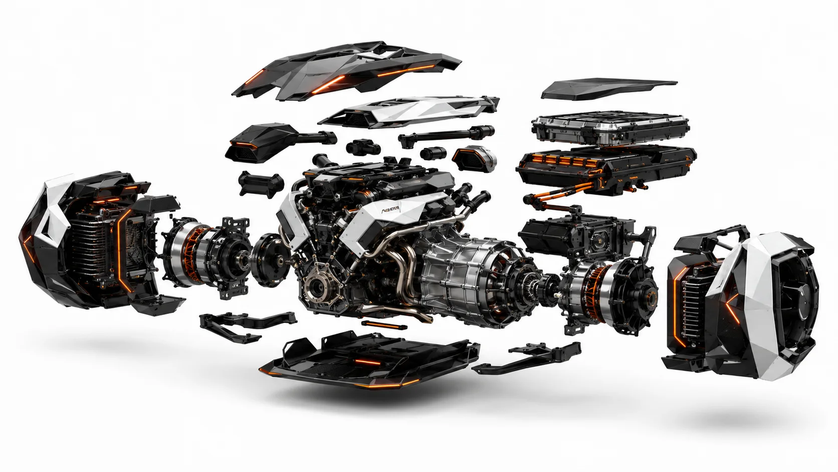 VX-1 exploded powertrain — V8 core with axial-flux motors